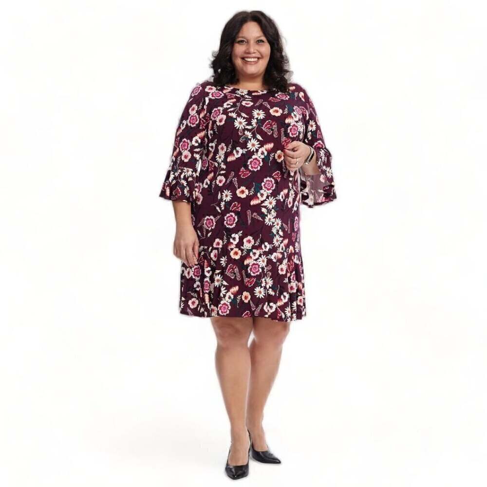 Eliza J Purple Pink Floral Print Bell Sleeve Drop Waist Knee Length Dress Sz 10